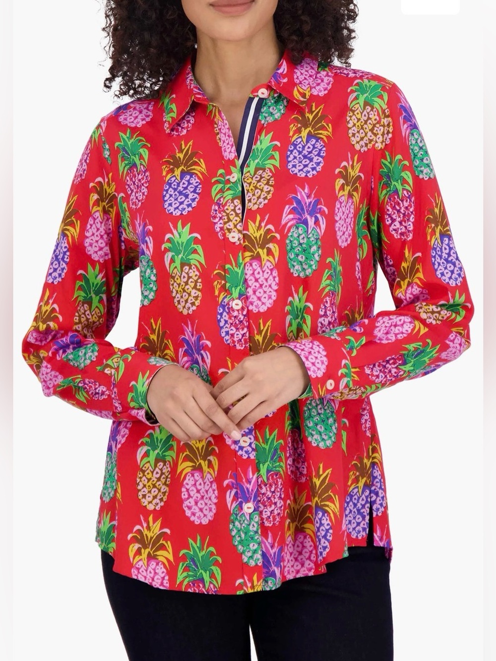 Foxcroft Zoey Pineapple Print Red Long Sleeve Button Up Shirt Size 14